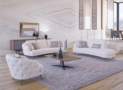 Bílé čalouněné obývací stěny, sada 4 kusy, moderní, 2x třísedadlová pohovka, designové křeslo